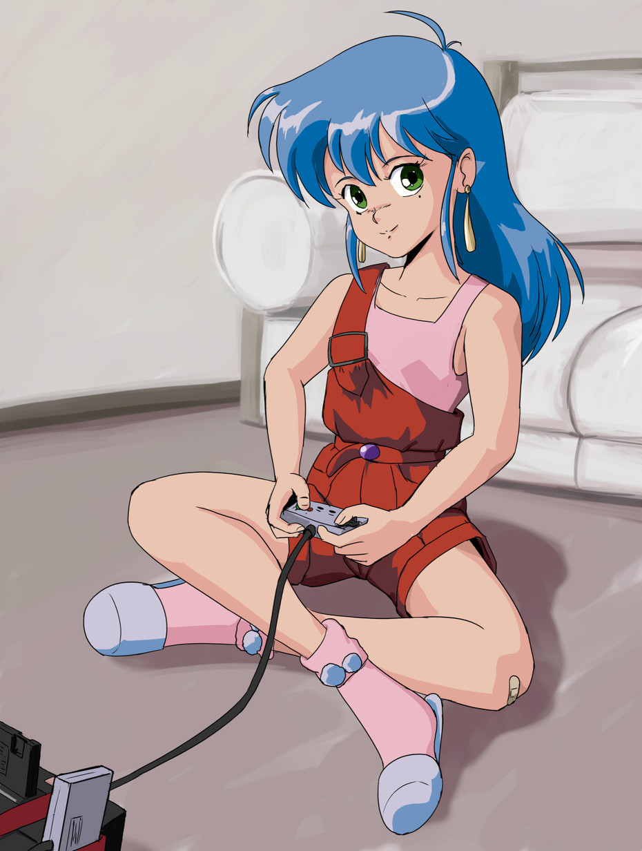 wbd, izumi konata, lucky star, nes, highres, 80s, ahoge, bandaid, blue hair, earrings, famicom, green eyes, indian style, jewelry, mole, overalls, playing games, retro artstyle, sitting, slippers, smile, socks, solo