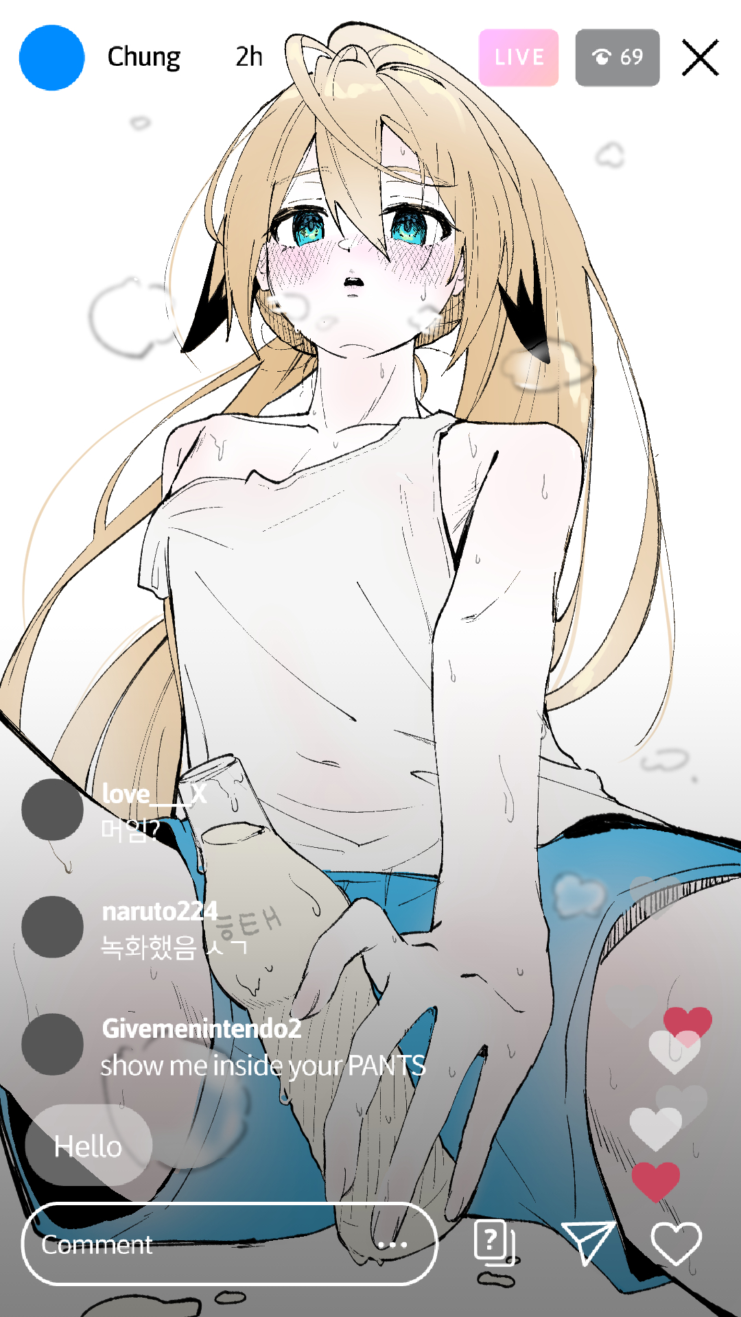 elsword, original, highres, 1boy, 4mingbbu, animal ears, blonde hair, blue eyes, blue shorts, body blush, bosa(artist), bottle, hatching, implied ejaculation, implied masturbation, long hair, male focus, milk bottle, ponytail, puff of air, shorts, sweat, tank top, trap