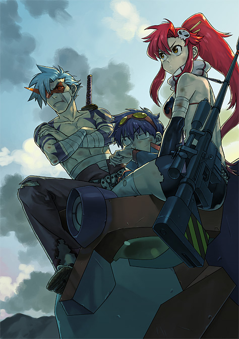 jirou (ever), kamina (ttgl), lagann, simon (ttgl), yoko littner, tengen toppa gurren lagann, 00s, 1girl, 2boys, anti-materiel rifle, bandages, blue hair, bruise, cuts, goggles, goggles on head, gun, hair ornament, injury, kamina shades, multiple boys, red hair, rifle, scarf, sniper rifle, sword, tattoo, topless male, torn clothes, triangular eyewear, weapon, yellow eyes