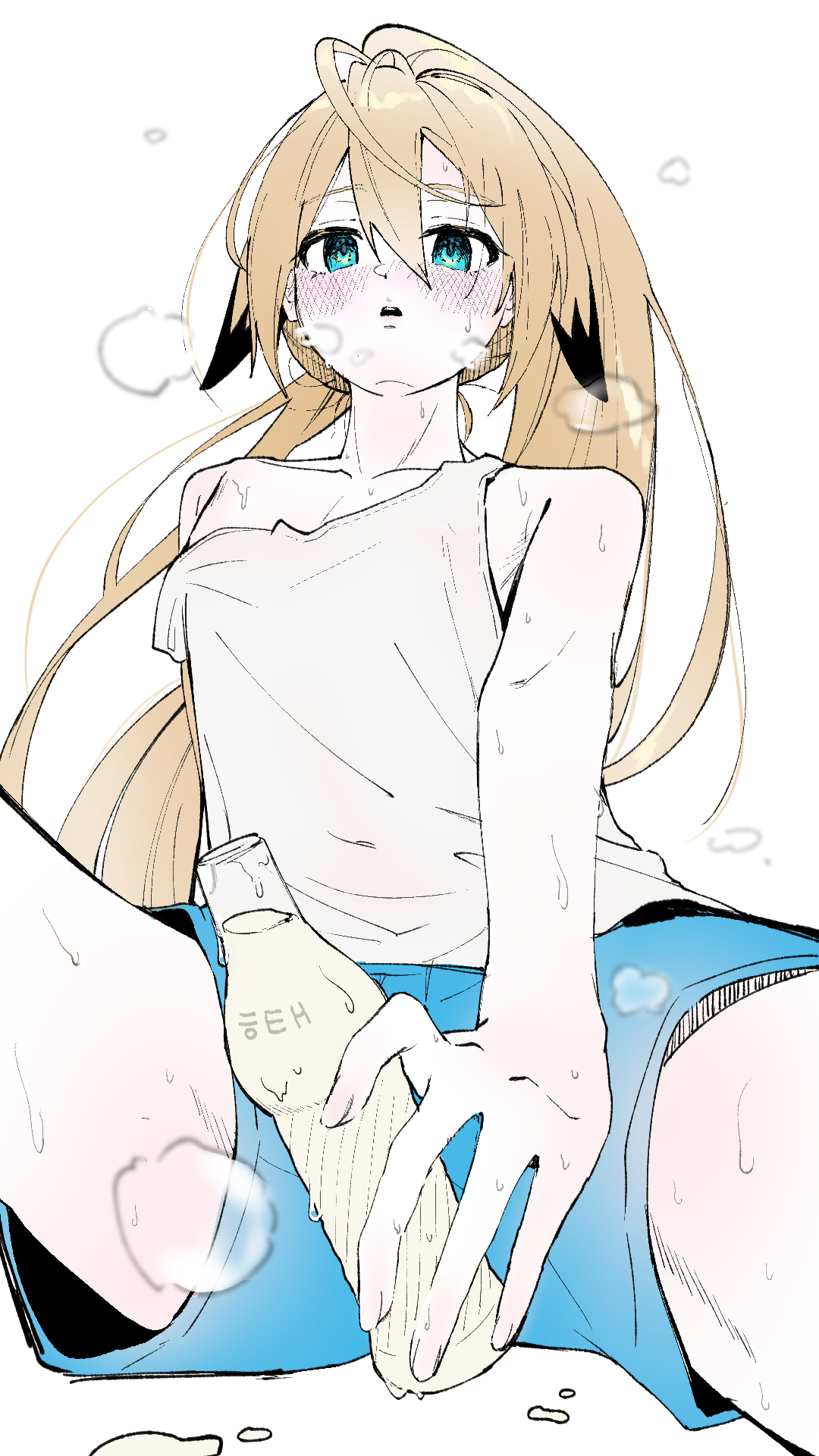 elsword, original, highres, 1boy, 4mingbbu, animal ears, blonde hair, blue eyes, blue shorts, body blush, bosa(artist), bottle, hatching, implied ejaculation, implied masturbation, long hair, male focus, milk bottle, open mouth, ponytail, puff of air, shorts, sweat, tank top, trap
