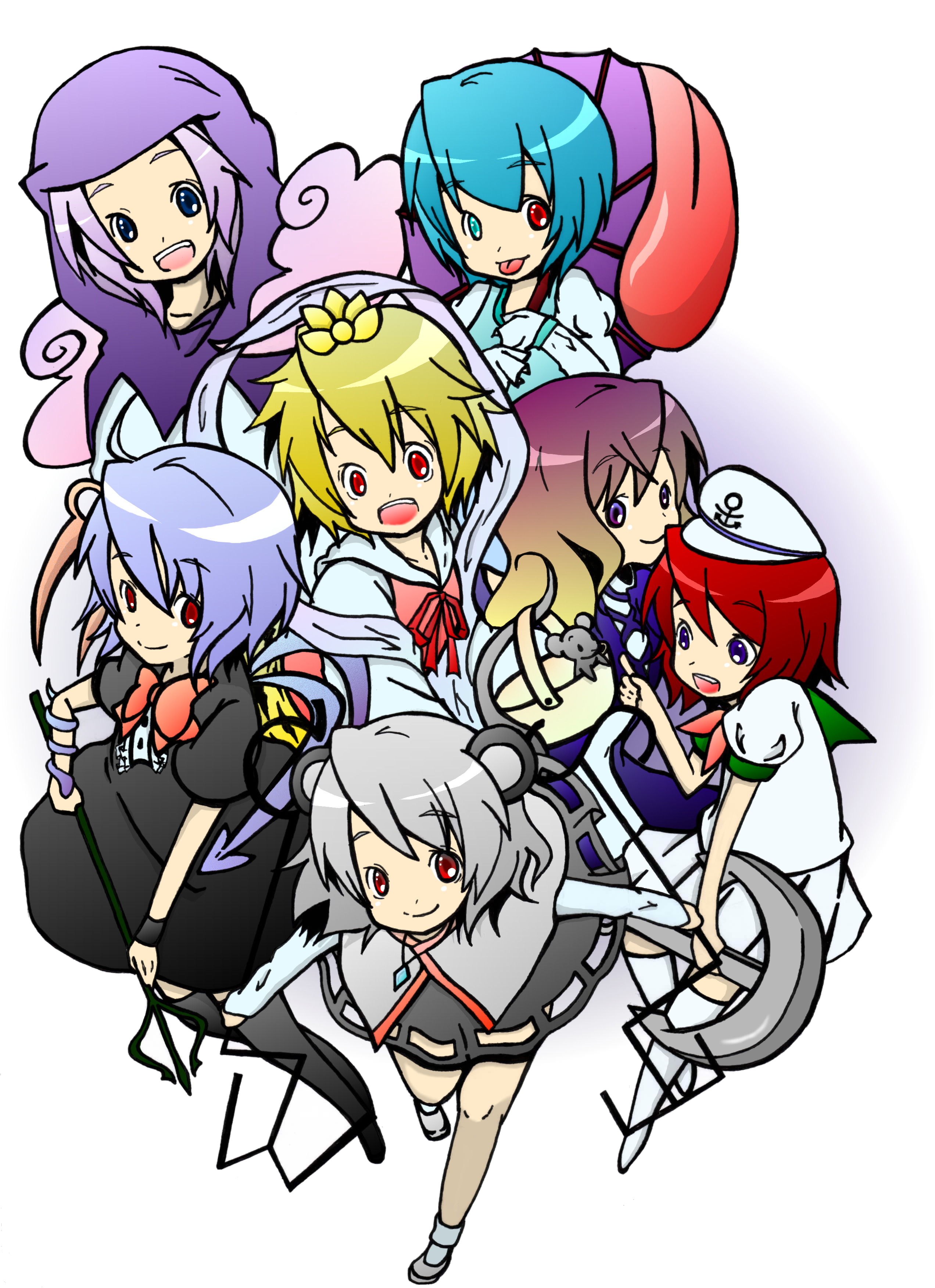 hijiri byakuren, houjuu nue, kumoi ichirin, murasa minamitsu, nazrin, tatara kogasa, toramaru shou, unzan, touhou, undefined fantastic object, absurdres, bad id, bad pixiv id, highres, 6+girls, everyone, heterochromia, multiple girls