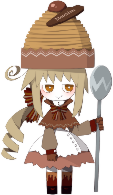 funamusea (artist), funamusea, official art, bow, brown gloves, cake on head, cloak, colored skin, food, gloves, hair bow, hair ornament, high collar, holding, holding spoon, long sleeves, low side ponytail, mont blanc (food), montblanc (funamusea), oversized object, shoes, side ponytail, sidelocks, socks, solo, spoon, white background
