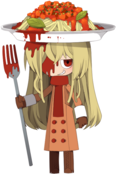 funamusea (artist), funamusea, official art, basil leaf, blonde hair, buttons, clenched hand, coat, double-breasted, food, food-themed clothes, food-themed hair, food-themed hat, food on head, fork, gloves, grin, holding, holding fork, long sleeves, looking at viewer, object on head, oversized object, pasta, pasta (funamusea), red eyes, sauce, smile, solo, tomato sauce, trench coat, white background