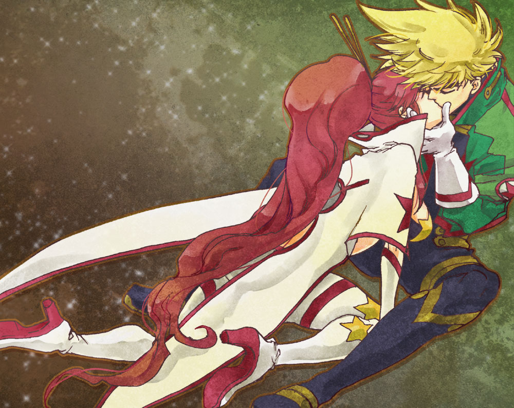 hoshino hitsuki, kittan bachika, yoko littner, tengen toppa gurren lagann, 00s, 1boy, 1girl, blonde hair, closed eyes, couple, gloves, hetero, kiss, ponytail, red hair, sitting