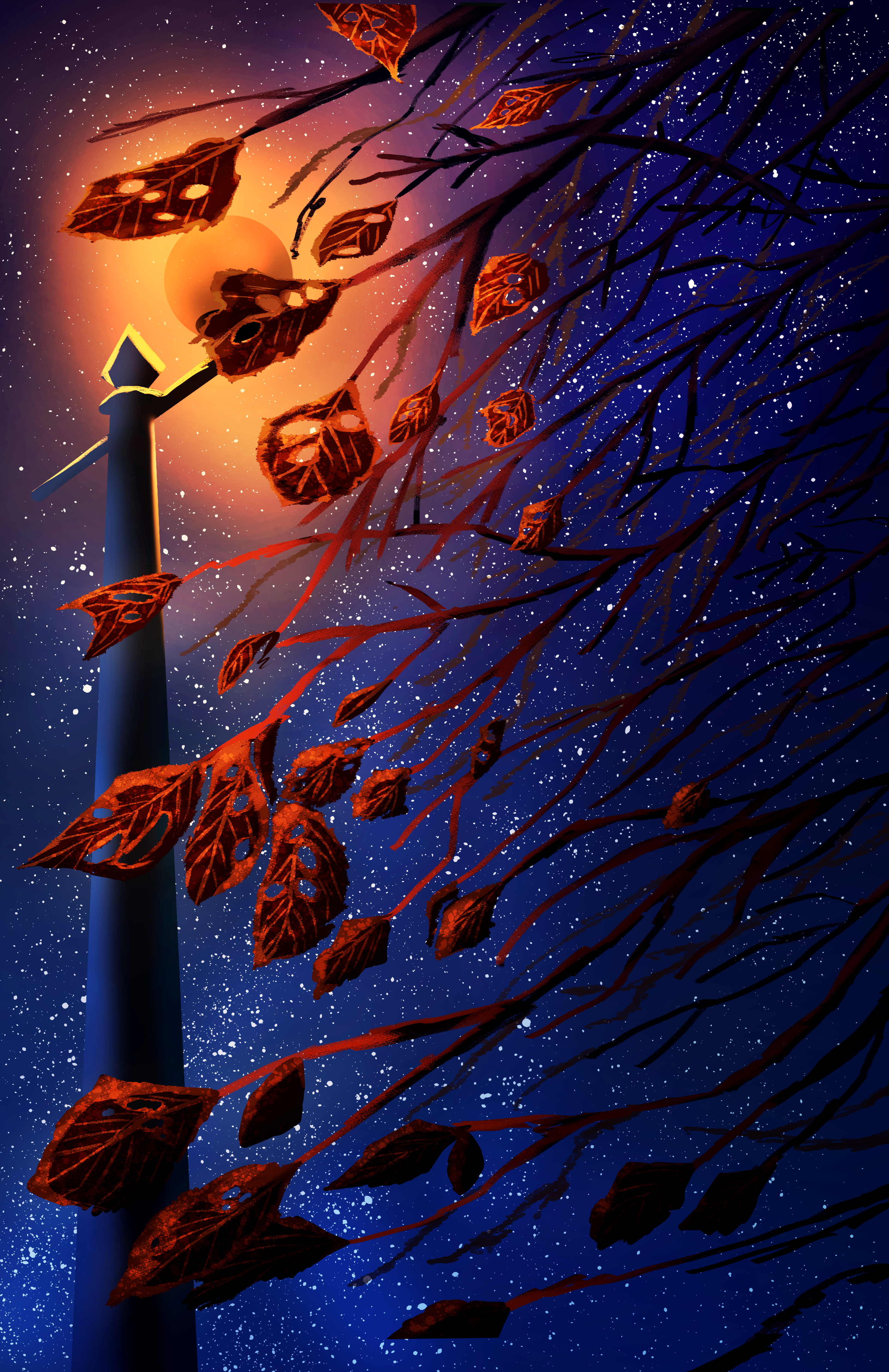 original, absurdres, commentary request, highres, bare tree, blue sky, lamppost, leaf, night, no humans, outdoors, pizza (pddc8233), scenery, sky, star (sky), starry sky, tree