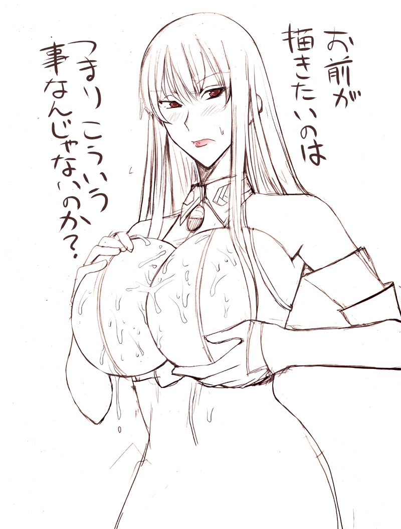 karuken, selvaria bles, senjou no valkyria, senjou no valkyria (series), senjou no valkyria 1, 00s, 1girl, breasts, cum, cum on body, cum on breasts, cum on upper body, female focus, large breasts, long hair, red eyes, solo