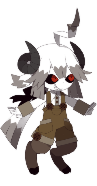 funamusea (artist), funamusea, official art, ahoge, animal ears, animal legs, black sclera, bow, brown hair, brown overalls, colored sclera, colored skin, gloves, grin, hair bow, horns, long hair, long sleeves, low ponytail, multicolored hair, overalls, ponytail, red eyes, sheep horns, shirt, smile, solo, suimin (funamusea), white background, white gloves, white hair