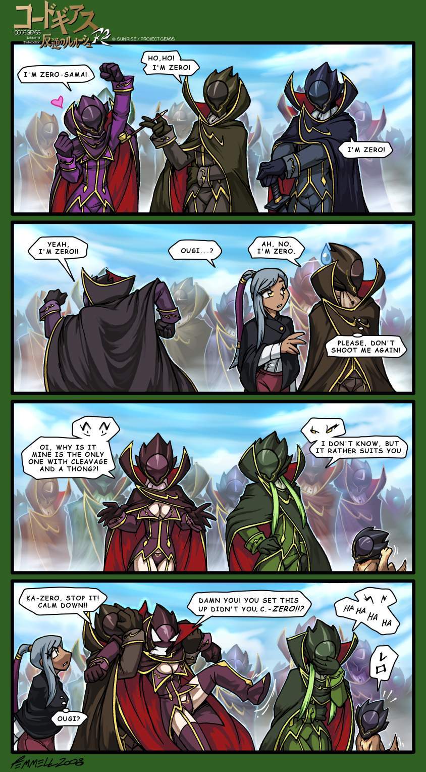 kristoffer remmell, c.c., kouzuki kallen, ohgi kaname, rakshata chawla, sumeragi kaguya, tamaki shin'ichirou, toudou kyoushirou, villetta nu, zero (code geass), code geass, highres, 4koma, angry, comic, zero (code geass) (cosplay)