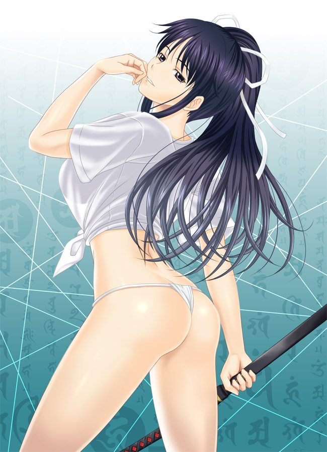tonbidou, kanzaki kaori, toaru majutsu no index, 00s, 1girl, ass, back, blue eyes, blue hair, breasts, female focus, fundoshi, hair ribbon, half-closed eyes, happi, japanese clothes, kimono, large breasts, long hair, looking back, matching hair/eyes, midriff, mizu happi, panties, ponytail, ribbon, seductive gaze, seductive smile, see-through clothes, sheath, shirt, sideboob, smile, solo, sword, t-shirt, thighs, thong, tied shirt, underwear, weapon
