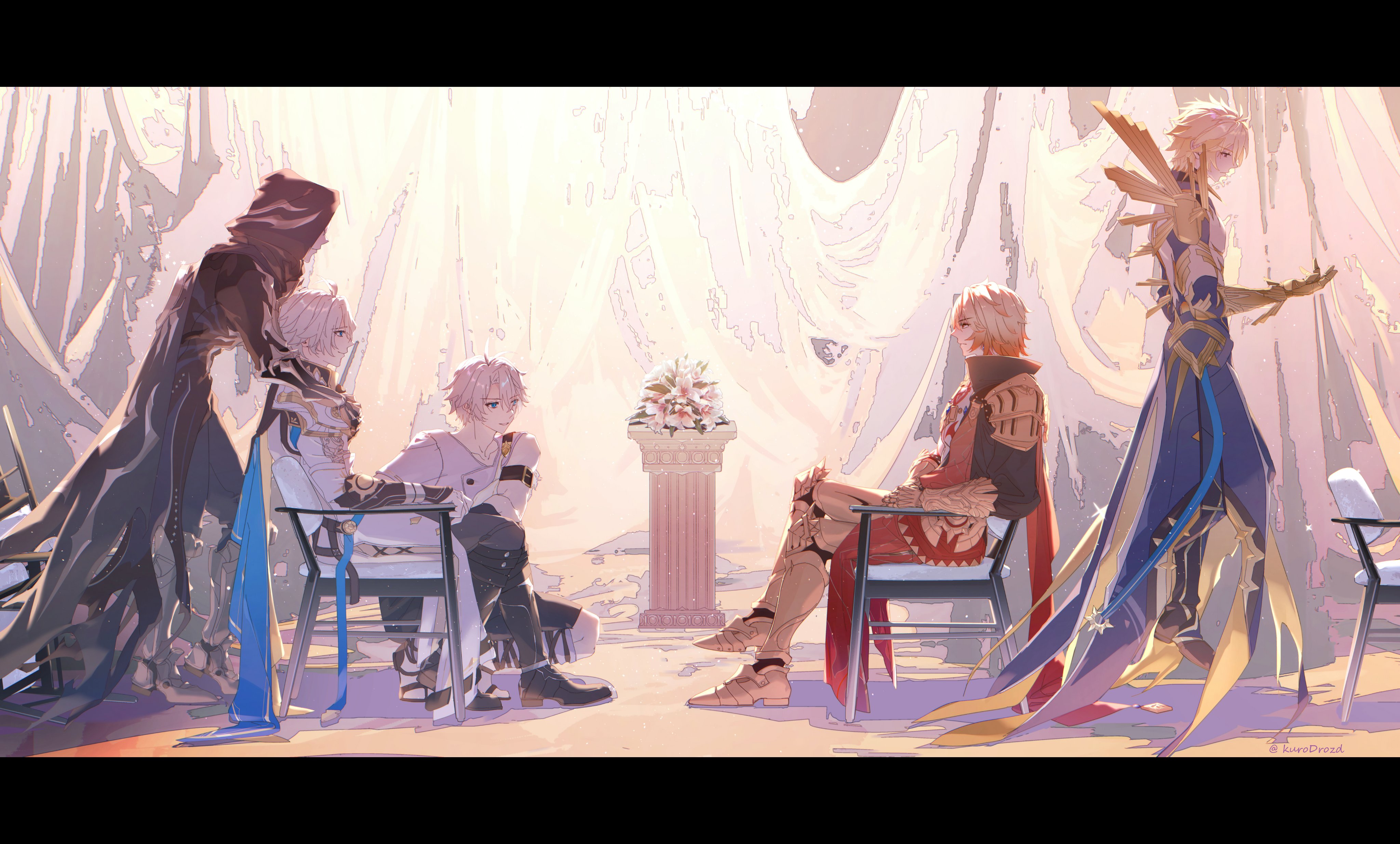 flame reaver of the deepest dark, mydei (honkai: star rail), phainon (a dream scented in wheat) (honkai: star rail), phainon (honkai: star rail), phainon (khaslana) (honkai: star rail), honkai: star rail, honkai (series), absurdres, commentary request, highres, 5boys, antenna hair, armlet, armor, armored boots, black boots, black cloak, black coat, black shirt, blonde hair, blue eyes, boots, braid, cape, chest tattoo, clawed gauntlets, cloak, coat, earrings, from side, gold earrings, gold necklace, gradient hair, grey shirt, hood, hood up, hooded cloak, jewelry, kurodrozd, male focus, material growth, medium hair, multicolored hair, multiple boys, multiple persona, necklace, open clothes, open coat, parted bangs, pauldrons, profile, red cape, red hair, red tattoo, shirt, short hair, shoulder armor, side braid, side cape, single pauldron, sitting, tattoo, white coat, white hair, yellow eyes