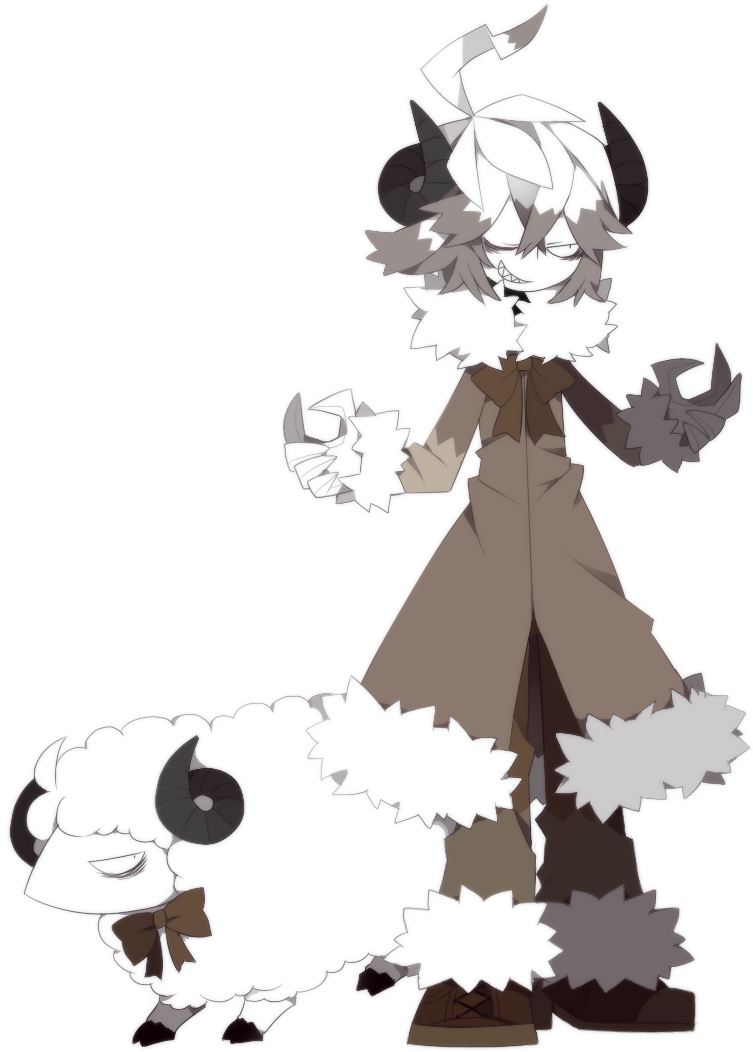 funamusea (artist), funamusea, official art, ahoge, animal ears, bags under eyes, boots, bow, brown boots, brown coat, brown hair, coat, colored skin, constricted pupils, eimin (funamusea), gloves, grin, horns, long sleeves, multicolored hair, sheep, sheep horns, shoes, smile, white background, white hair