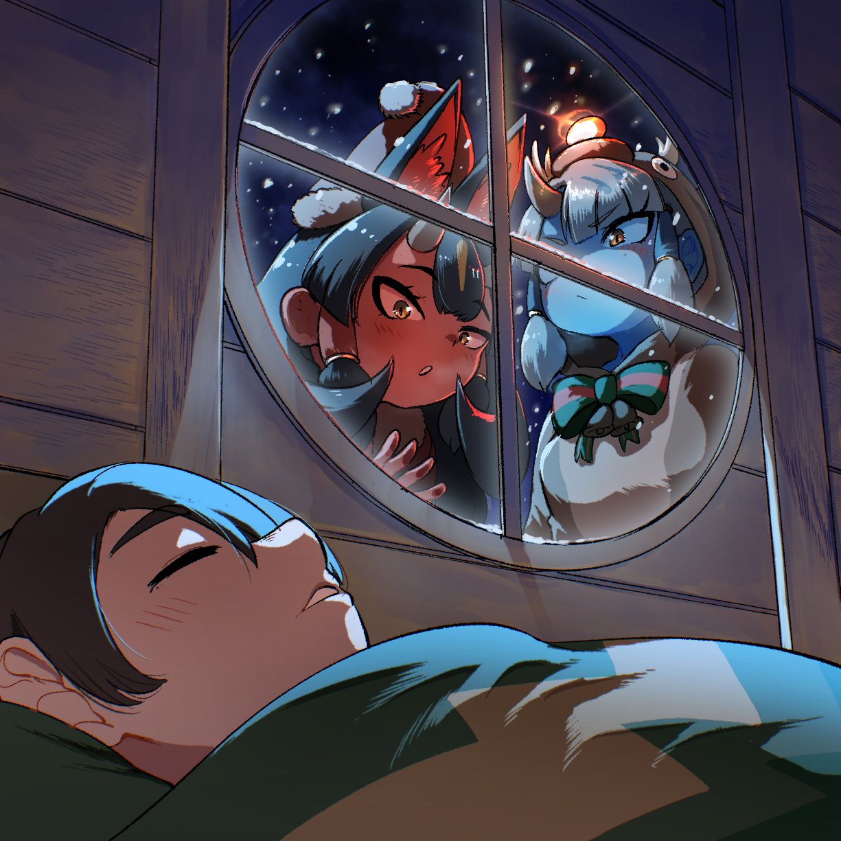 mcgunngu, captain (kemono friends), ginkaku (kemono friends), kinkaku (kemono friends), kemono friends, kemono friends 3, highres, 1boy, 2girls, alternate costume, animal costume, animal ears, animal hood, bell, black hair, blue skin, blunt bangs, blush, bow, bowtie, brown hair, brown hoodie, christmas, colored skin, extra ears, fox ears, fox girl, fur trim, green bow, green bowtie, hair between eyes, hair tubes, hat, hood, hood up, hoodie, horns, long hair, multiple girls, neck bell, night, orange eyes, red hat, red skin, reindeer costume, santa hat, short hair, sidelocks, single horn, sleeping, snow, under covers, white fur, white hair, window, winter