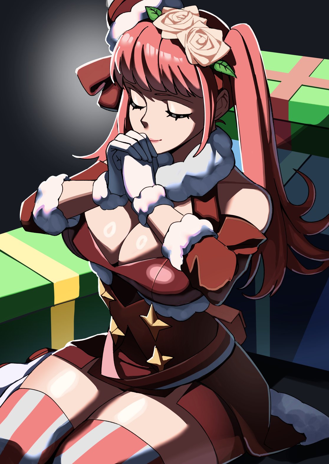 ceroccb, hilda valentine goneril, hilda valentine goneril (winter), fire emblem, fire emblem: three houses, fire emblem heroes, nintendo, highres, 1girl, bare shoulders, black background, box, breasts, cleavage, closed eyes, dress, flower, fur-trimmed gloves, fur-trimmed sleeves, fur trim, gift, gift box, gloves, large breasts, official alternate costume, pink flower, pink hair, pink rose, pink thighhighs, rose, short dress, shoujo kitou-chuu, solo, striped clothes, striped thighhighs, thick thighs, thighhighs, thighs, twintails, vertical-striped clothes, vertical-striped thighhighs, white gloves, white thighhighs, zettai ryouiki
