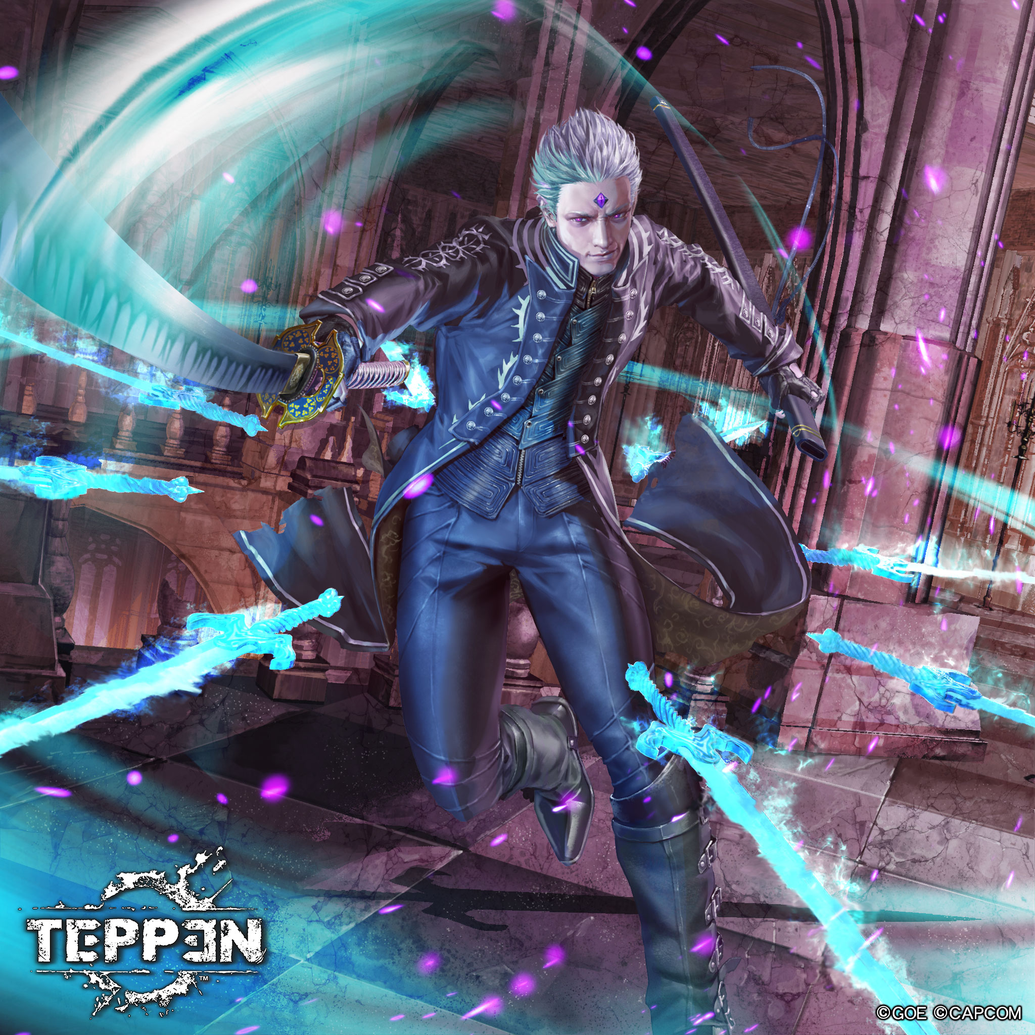 yu cheng hong, capcom, teppen, character request, highres, 1boy, attack trail, black boots, black jacket, black pants, black vest, boots, buttons, casting spell, ceiling, checkered background, closed mouth, copyright logo, copyright name, copyright notice, dutch angle, floating, floating clothes, floating object, floating sword, floating weapon, foot out of frame, foot up heel up, forehead jewel, gem, glowing, glowing eyes, hair slicked back, holding, holding sheath, holding sword, holding weapon, incoming attack, indoors, jacket, katana, light particles, logo, long sleeves, looking at viewer, male focus, multiple swords, nose, open clothes, open jacket, pants, pillar, purple eyes, purple gem, sheath, short hair, solo, standing, standing on one leg, sword, vest, weapon, white hair, white trim