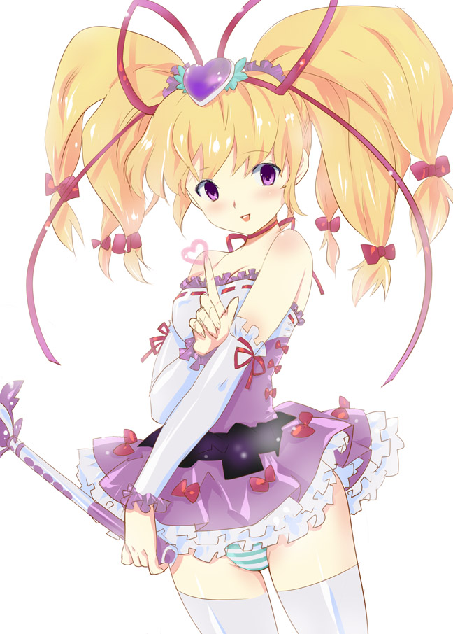 kantaro, yakumo yukari, precure, touhou, 1girl, alternate costume, alternate hairstyle, bare shoulders, blonde hair, blush, bow, choker, detached sleeves, dress, female focus, frilled dress, frills, hair bow, hair ornament, heart, long hair, magical girl, multiple hair bows, no headwear, panties, parody, pointing, purple eyes, ribbon, ribbon choker, simple background, smile, solo, striped clothes, striped panties, thighhighs, twintails, underwear, wand, zettai ryouiki