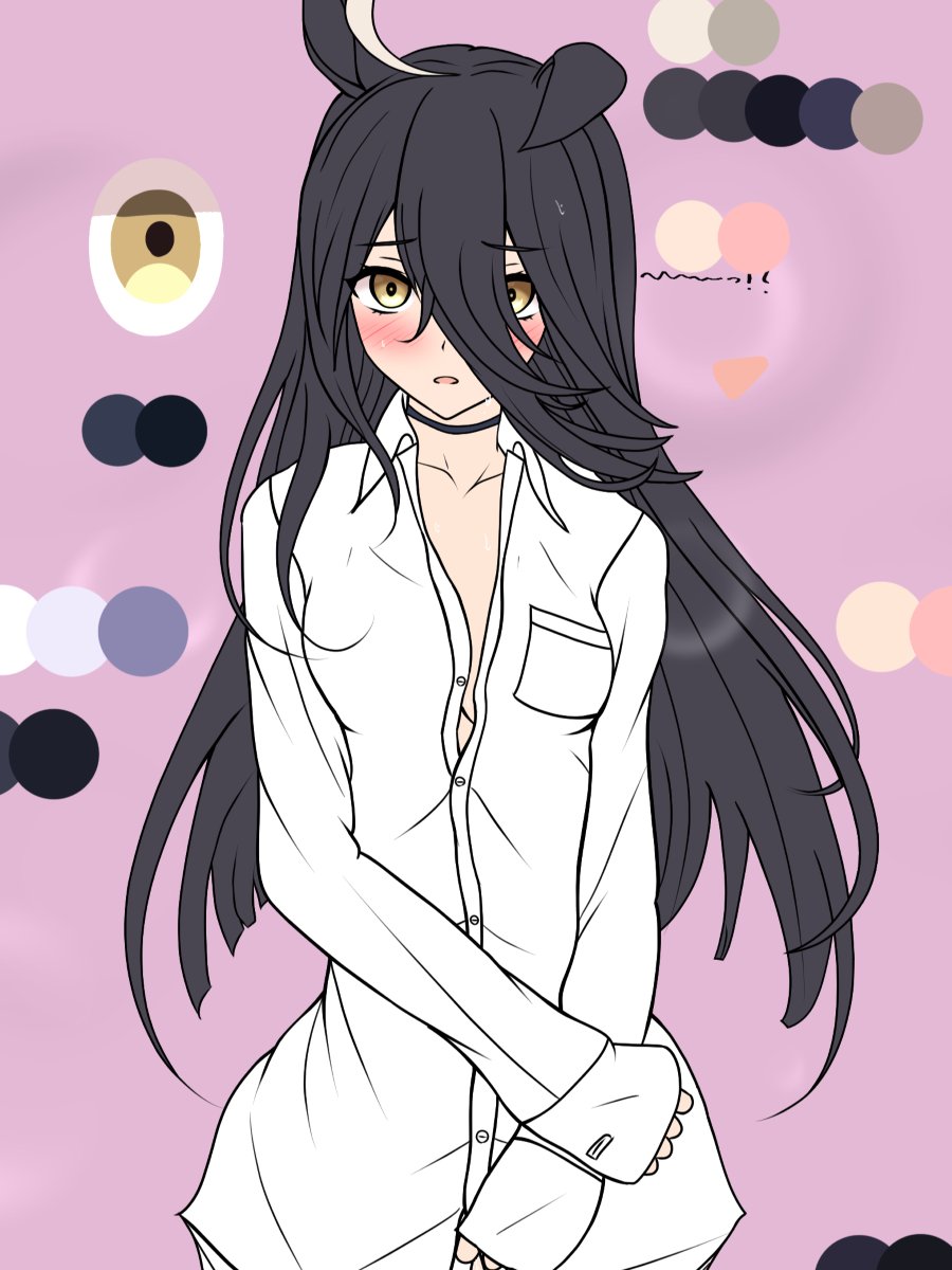 pokapoka-sun, manhattan cafe (umamusume), umamusume, commentary request, highres, 1girl, animal ears, black choker, black hair, blush, borrowed clothes, breasts, choker, collared shirt, color guide, embarrassed, hair between eyes, horse ears, horse girl, long bangs, long hair, long hair between eyes, naked shirt, open mouth, oversized clothes, oversized shirt, pink background, shirt, simple background, solo, white shirt, yellow eyes