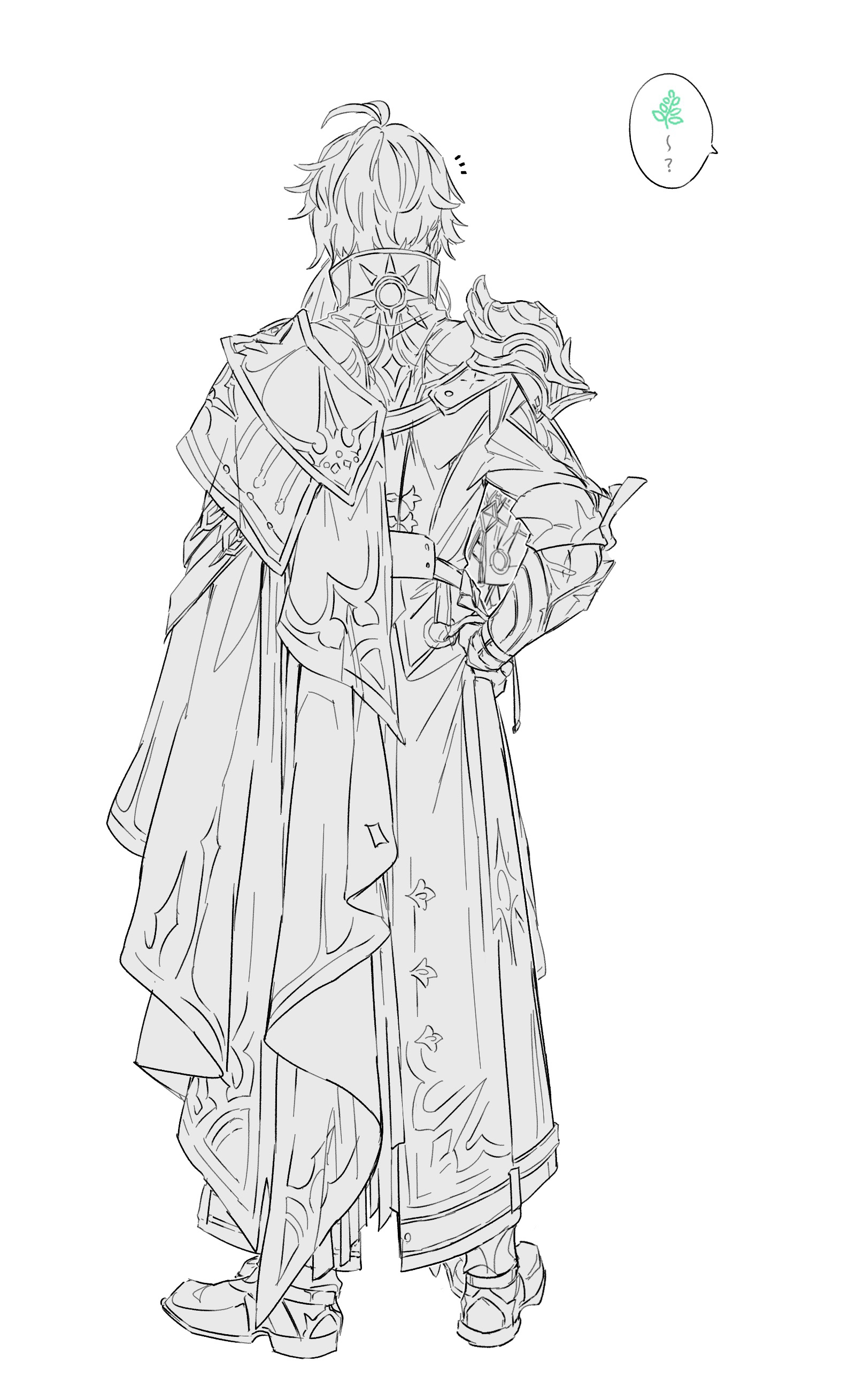 phainon (honkai: star rail), honkai: star rail, honkai (series), absurdres, commentary request, highres, 1boy, ?, ahoge, armor, belt, cape, facing away, full body, greyscale, hand on own hip, lv minus999, male focus, monochrome, notice lines, short hair, shoulder armor, solo, speech bubble, sun symbol