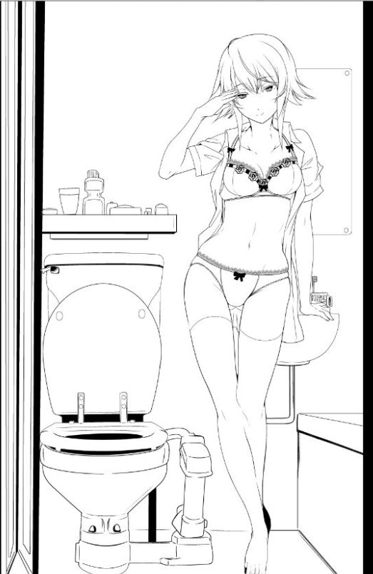 bibi (coffe), onoe serika, chaos;child, science adventure, 1girl, bra, breasts, cleavage, collarbone, feet, greyscale, indoors, lace, lace-trimmed bra, lace-trimmed panties, lace trim, lingerie, looking at viewer, monochrome, narrowed eyes, navel, panties, salute, short hair, smile, solo, standing, thighhighs, toilet, underwear, underwear only