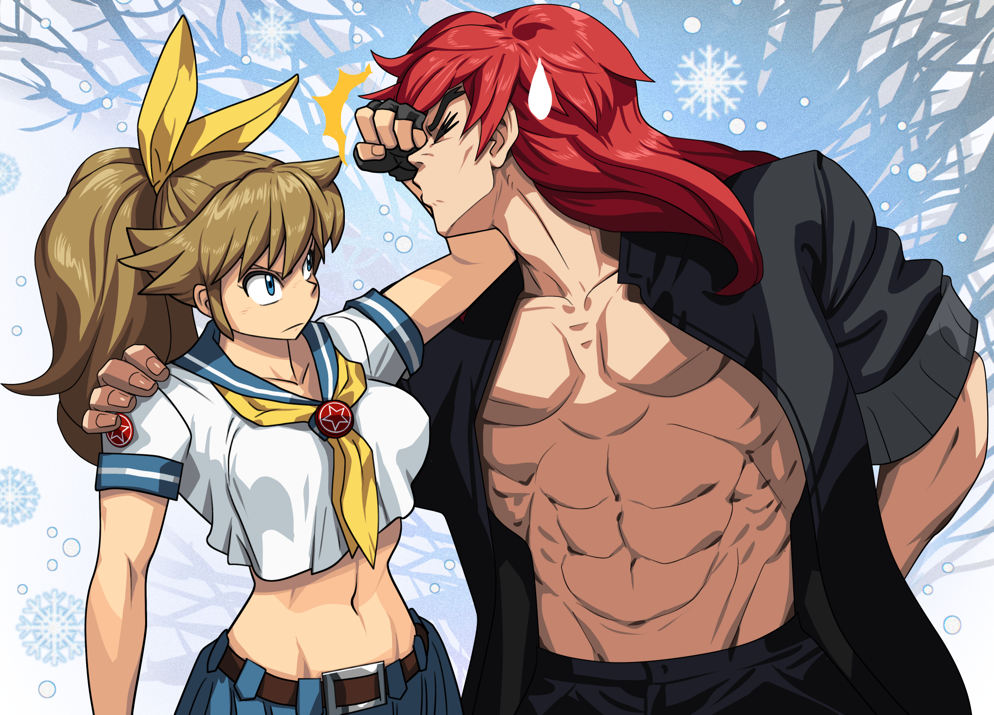 oggy (oggyoggy), ryuko (oggyoggy), m.u.g.e.n, original, highres, 1boy, 1girl, blue eyes, brown hair, ponytail