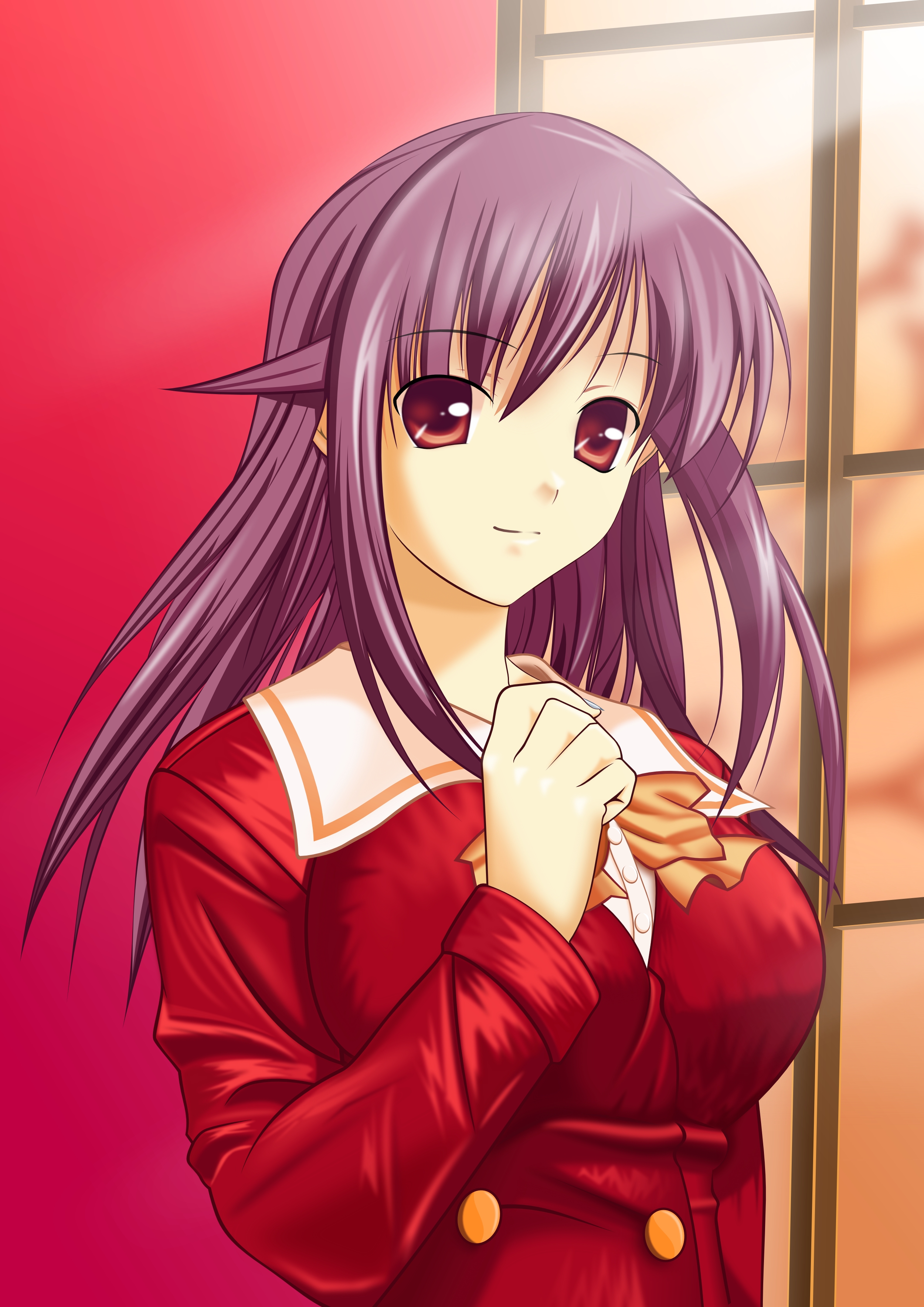 niabot, andou mahoro, mahuri, suzumiya haruhi, mahoromatic, suzumiya haruhi no yuuutsu, absurdres, derivative work, highres, vector trace, 1girl, breasts, female focus, fusion, indoors, purple hair, red eyes, school uniform, sky, solo