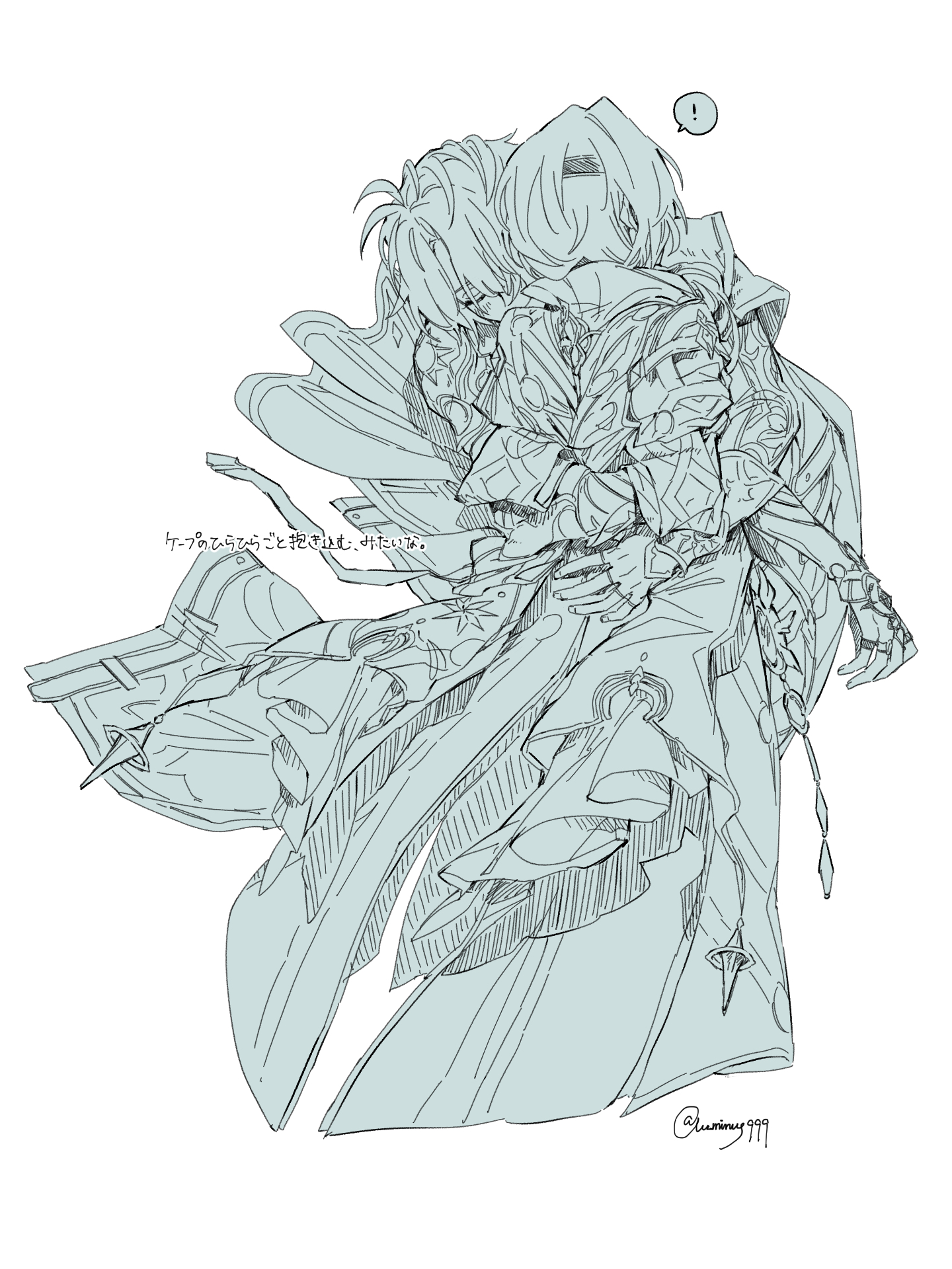 anaxa (honkai: star rail), phainon (honkai: star rail), honkai: star rail, honkai (series), commentary request, highres, !, 2boys, cape, closed eyes, coat, cropped torso, fingerless gloves, gloves, happy, head on another's shoulder, headband, hug, lv minus999, male focus, monochrome, multiple boys, short hair, spoken exclamation mark, surprised, twitter username, yaoi