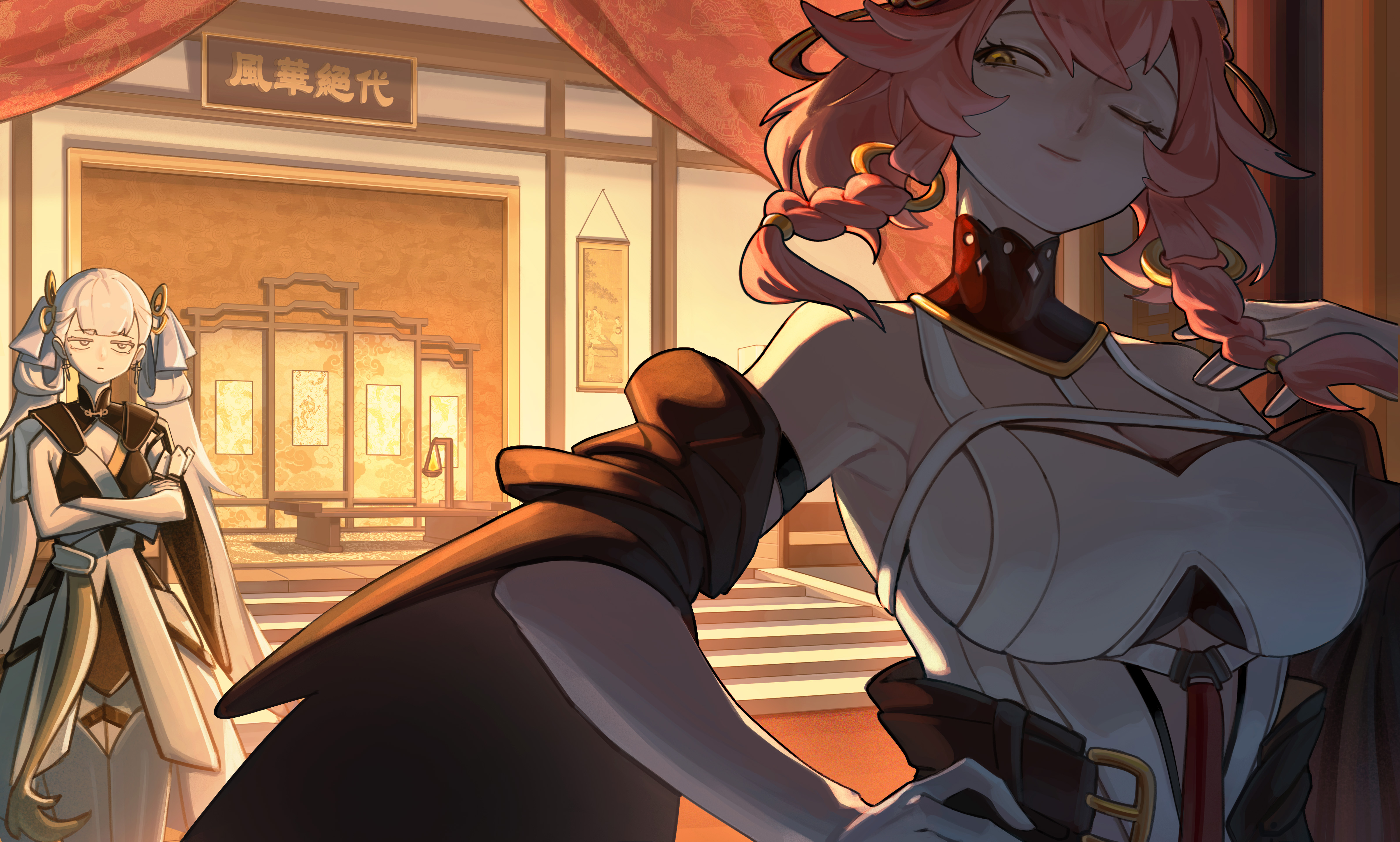 kano33, changli (wuthering waves), jinhsi (wuthering waves), wuthering waves, absurdres, commentary, highres, 2girls, bare shoulders, black collar, black dress, black jacket, breasts, cleavage, closed mouth, collar, crossed arms, dress, hair rings, hand on own hip, hand up, indoors, jacket, large breasts, looking at another, multiple girls, one eye closed, pink hair, smile, white hair, yellow eyes