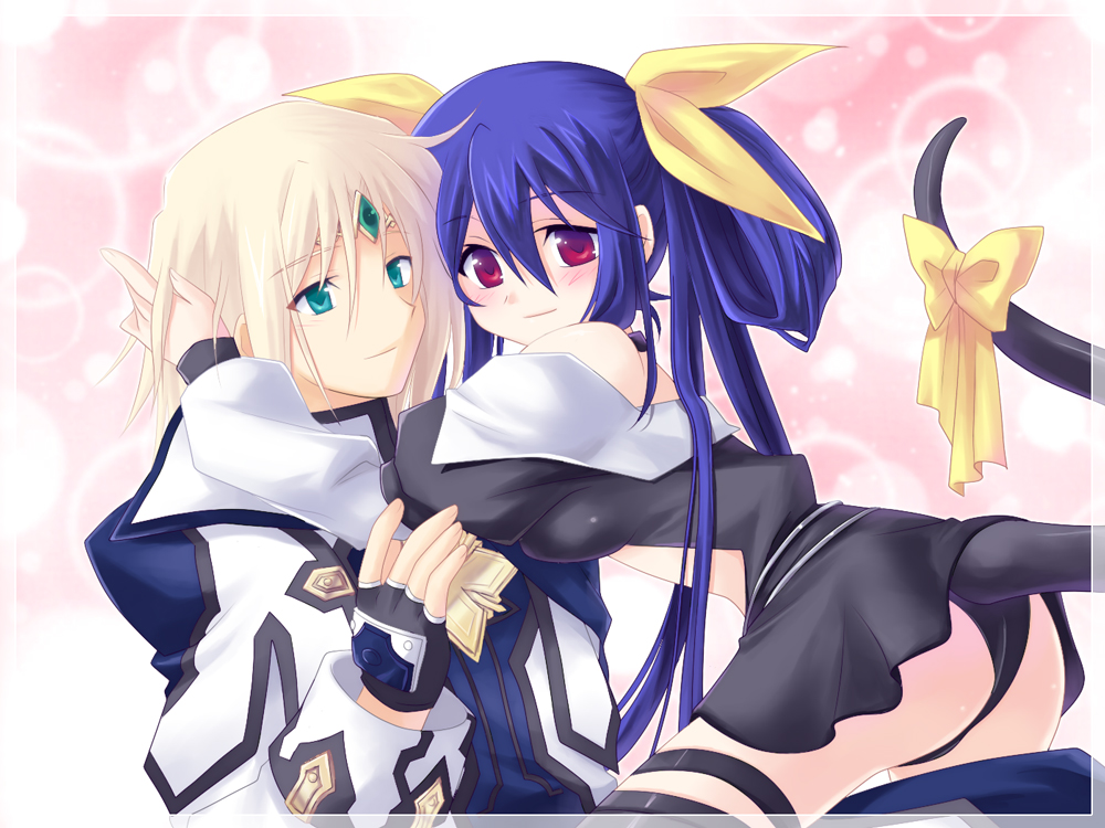 soukuu kizuna, dizzy (guilty gear), ky kiske, arc system works, guilty gear, guilty gear 2, 1boy, 1girl, aqua eyes, ass, bare shoulders, blonde hair, blue hair, blush, couple, fingerless gloves, gloves, green eyes, happy, hetero, hug, red eyes, ribbon, smile, tail, twintails