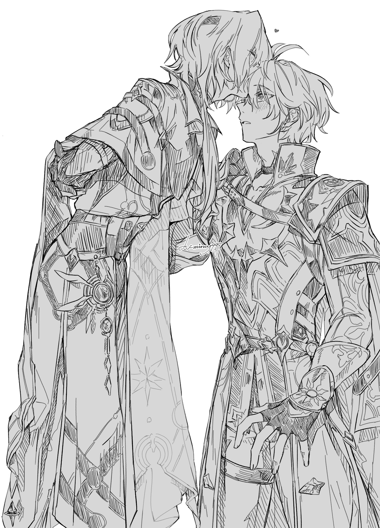 anaxa (honkai: star rail), phainon (honkai: star rail), honkai: star rail, honkai (series), commentary request, highres, 2boys, ahoge, arm behind back, blush, cape, closed eyes, coat, eyepatch, feet out of frame, fingerless gloves, gauntlets, gloves, greyscale, heart, kiss, kissing forehead, leaning forward, looking at another, looking up, lv minus999, male focus, monochrome, multiple boys, ponytail, thigh strap, twitter username, yaoi