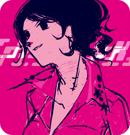original, archived source, artist request, lowres, 1girl, badge, black eyes, black hair, button badge, collarbone, head tilt, jacket, lapels, no sclera, parted lips, pink background, pink jacket, pink sleeves, pink theme, smile, solo, square, star ornament, swept bangs, upper body, wavy hair