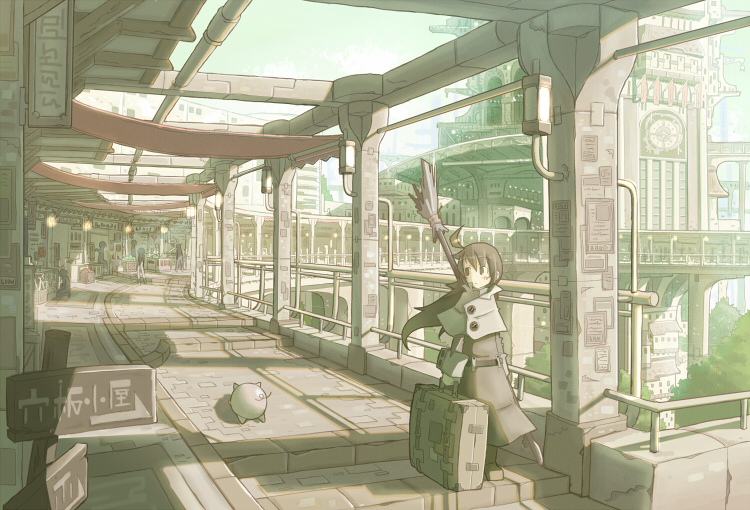 nabana, original, 1girl, ahoge, broom, city, cityscape, female focus, long hair, pig, scenery, shade, solo, suitcase, sunlight, tower