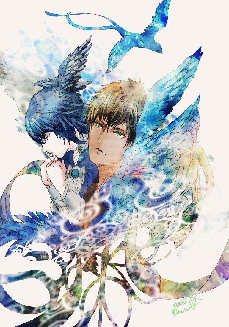 ruka (blueplus84), hermes (ff14), meteion, final fantasy, final fantasy xiv, blue gem, 1boy, 1girl, bird, bird wings, black hair, blue bird, blue eyes, blue hair, blue wings, brooch, copyright name, dark-skinned male, dark skin, feathered wings, gem, green eyes, hair between eyes, hands up, head wings, jewelry, twitter username, wing brooch, wings