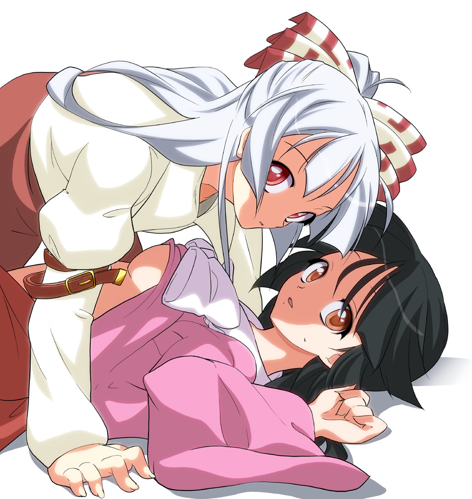 hachi (chihagura), fujiwara no mokou, houraisan kaguya, touhou, 2girls, belt, black hair, bow, breasts, brown eyes, clothes lift, female focus, lying, multiple girls, red eyes, shirt lift, underboob, white hair, yuri