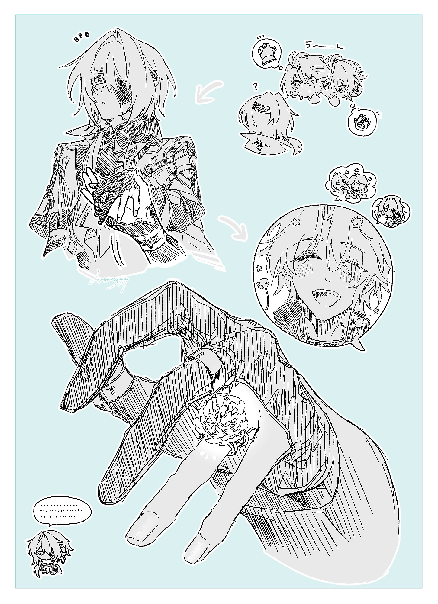 anaxa (honkai: star rail), phainon (honkai: star rail), honkai: star rail, honkai (series), commentary request, highres, 2boys, :o, ?, arrow (symbol), blue background, blush, capelet, chibi, chibi inset, close-up, closed eyes, eyepatch, flower, flower ring, gloves, greyscale with colored background, high collar, holding hands, looking at another, lv minus999, male focus, multiple boys, notice lines, partially fingerless gloves, simple background, smile, speech bubble, teeth, upper body, upper teeth only