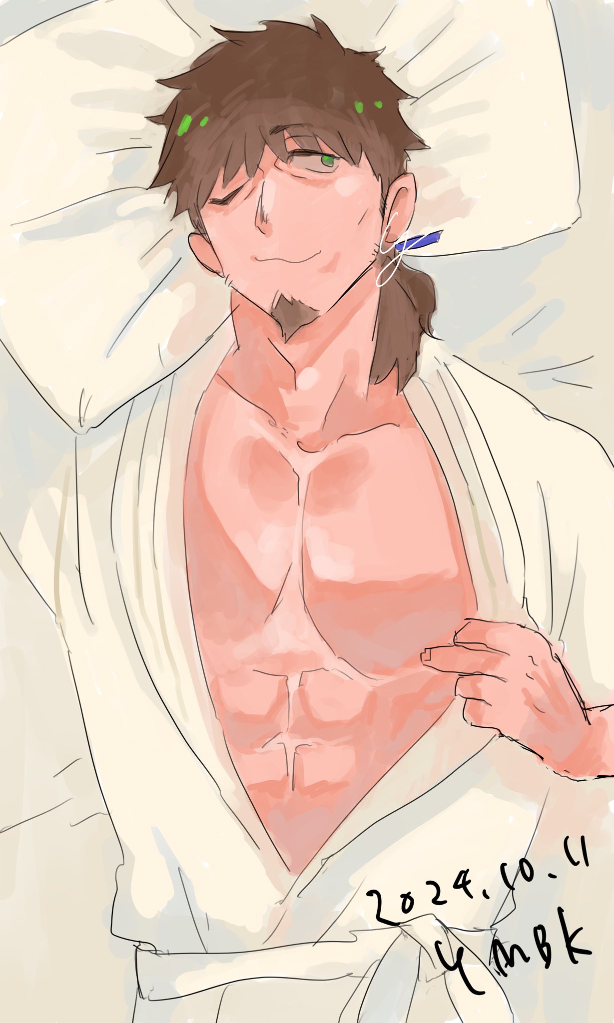 ymbk (ymym oh), hector (fate), fate/grand order, fate (series), highres, 1boy, abs, bara, brown hair, dated, facial hair, goatee, green eyes, lying, male focus, mature male, on back, one eye closed, open clothes, pectoral cleavage, pectorals, pillow, ponytail, presenting pectorals, solo