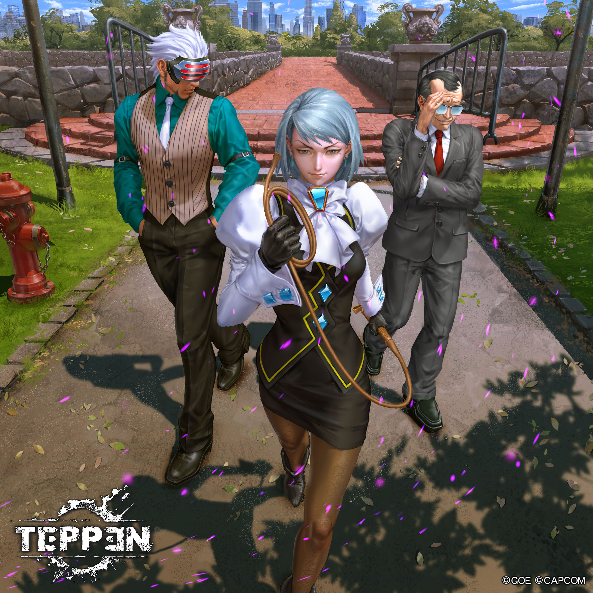 yu cheng hong, ace attorney, capcom, blue gem, character request, highres, official art, 1girl, 2boys, arm at side, arm belt, ascot, balding, black gloves, black hair, black pants, black shoes, black skirt, black vest, blue sky, breasts, brown pantyhose, brown vest, buttoned cuffs, buttons, closed mouth, copyright logo, copyright name, copyright notice, dappled sunlight, facial hair, fire hydrant, formal clothes, from above, gem, glasses, gloves, goatee, grass, green shirt, grey hair, grey jacket, grey pants, grey suit, hair slicked back, hand on own arm, hand on own forehead, hand up, hands in pockets, holding, holding whip, jacket, juliet sleeves, light particles, logo, long sleeves, medium breasts, medium hair, mole, mole under eye, multiple boys, necktie, nose, on floor, opaque glasses, outdoors, pants, pantyhose, parted lips, pencil skirt, pocket, puffy sleeves, railing, rectangular eyewear, red necktie, serious, shirt, shoes, skirt, sky, skyline, smile, smirk, suit, suit jacket, sunlight, swept bangs, teeth, turning head, undershirt, v-shaped eyebrows, vanishing point, vest, walking, white ascot, white hair, white necktie, white shirt, wing collar