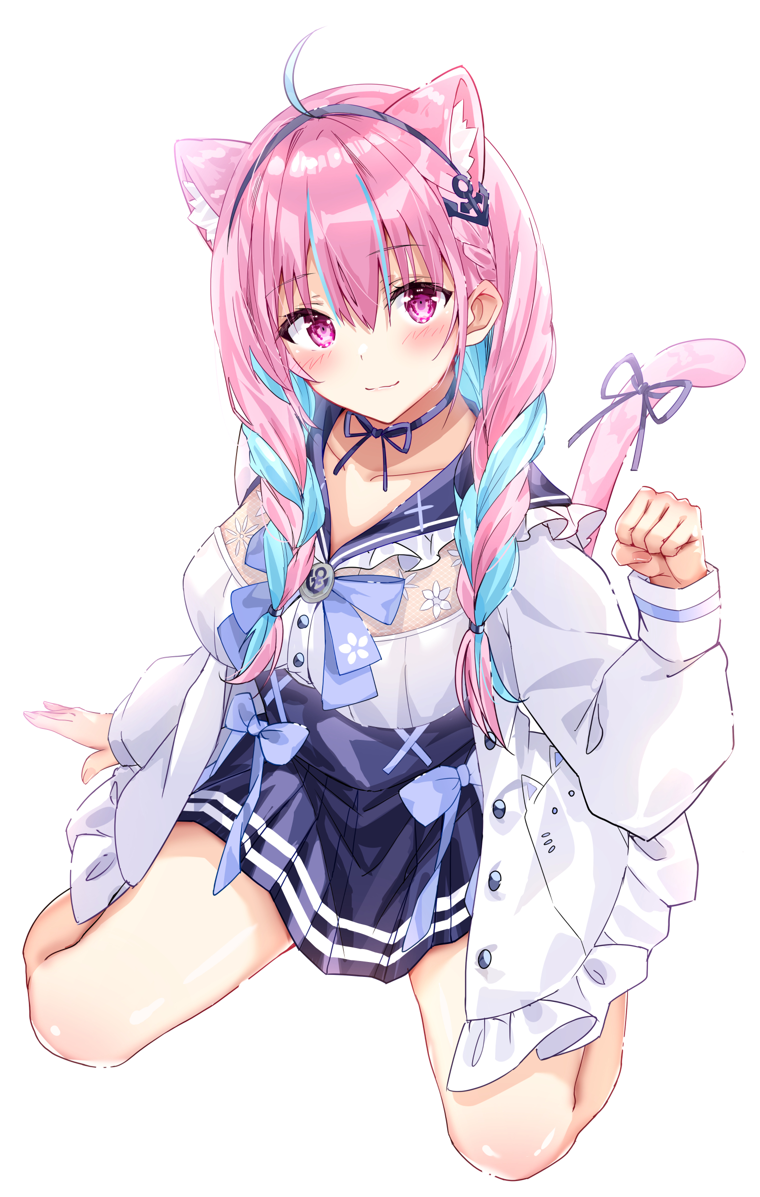 hattori 9029, minato aqua, minato aqua (sailor), hololive, absurdres, highres, 1girl, ahoge, anchor hair ornament, anchor symbol, animal ears, blue choker, blue hair, blue hairband, blue sailor collar, blush, bow, braid, breasts, cat ears, choker, colored inner hair, frilled sailor collar, frills, hair ornament, hairband, jacket, kneeling, long hair, long sleeves, looking at viewer, multicolored hair, nyan, official alternate costume, pink hair, purple eyes, ribbon, ribbon choker, sailor collar, skirt, smile, solo, tail, tail ornament, tail ribbon, twin braids, two-tone hair, virtual youtuber, white background