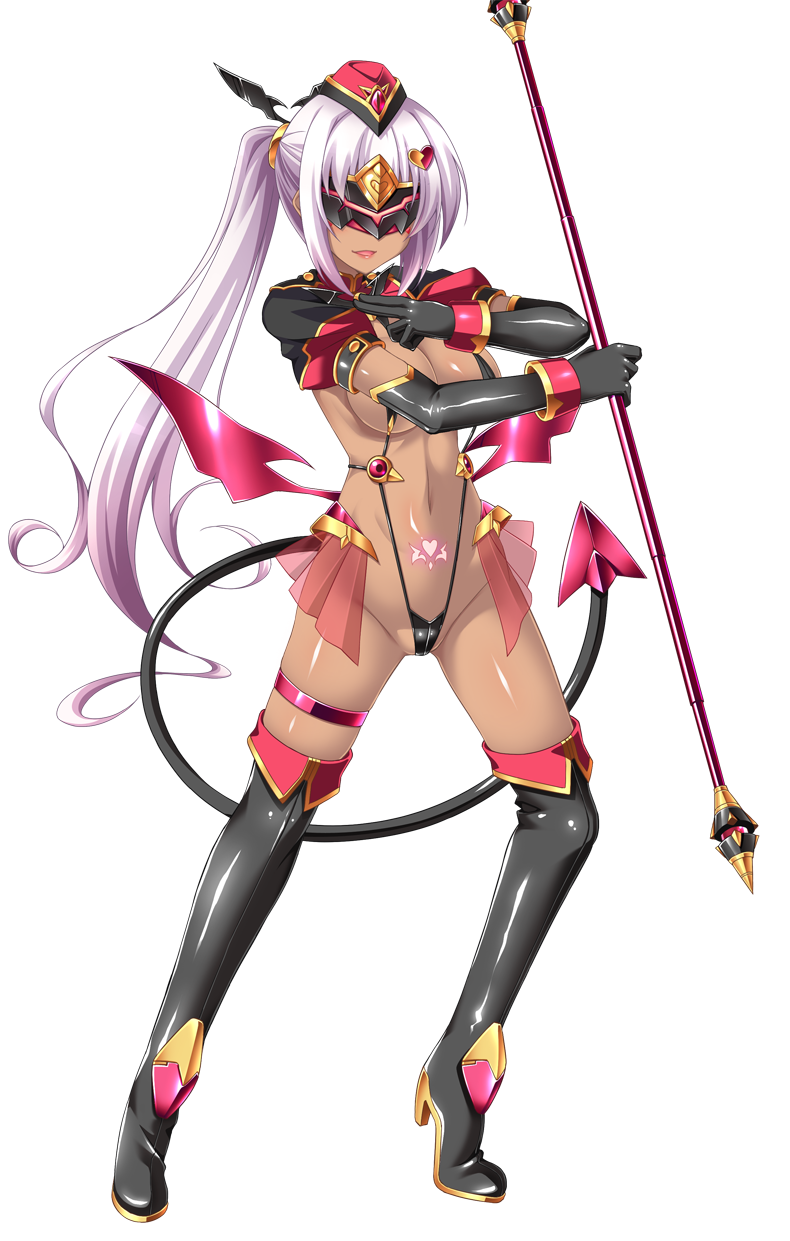 aoi masami, asamiya minami, slave ignis, ts magical girl nao, game cg, highres, large variant set, non-web source, official art, variant set, 1girl, black gloves, boots, breasts, corruption, dark-skinned female, dark persona, dark skin, demon girl, demon tail, demon wings, elbow gloves, full body, gloves, hat, high heels, holding, large breasts, long hair, mask, navel, open mouth, pink hair, ponytail, pubic tattoo, revealing clothes, slave gear (tsmg nao!), slave visor (tsmg nao!), slingshot swimsuit, smile, solo, staff, swimsuit, tachi-e, tail, tattoo, thigh boots, thigh strap, thighhighs, transparent background, wings
