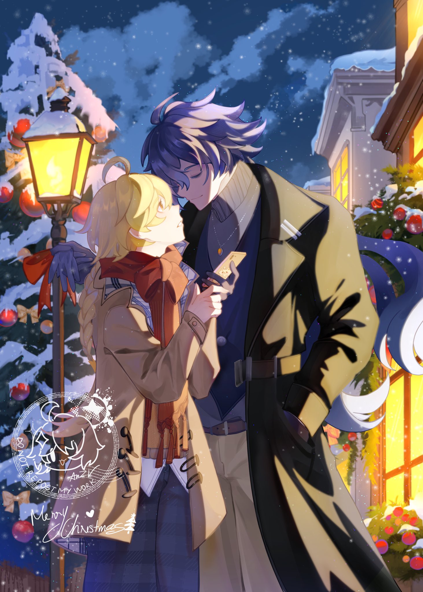 aether (genshin impact), flins (genshin impact), genshin impact, highres, 2boys, anz valkyria, black coat, blonde hair, blue hair, braid, brown coat, closed eyes, coat, gradient hair, holding, holding phone, jewelry, lamppost, long hair, looking at another, multicolored hair, multiple boys, phone, red scarf, scarf, snow on tree, sweater, turtleneck, turtleneck sweater, winter, winter clothes, yellow eyes