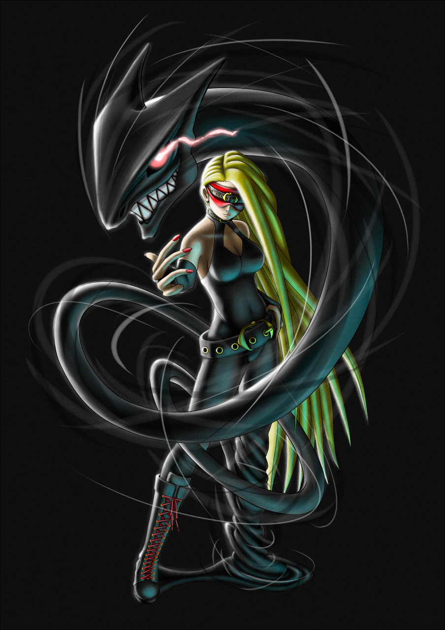 eddie (guilty gear), gekko, millia rage, zato-1, arc system works, guilty gear, gender request, highres, 1girl, bandana, belt, blonde hair, bodysuit, boots, cosplay, dark, female focus, genderswap, glowing, glowing eye, glowing eyes, halterneck, hand on own hip, hip focus, long hair, monster, nail polish, navel, shadow, solo, teeth, very long hair, zato-1 (cosplay)