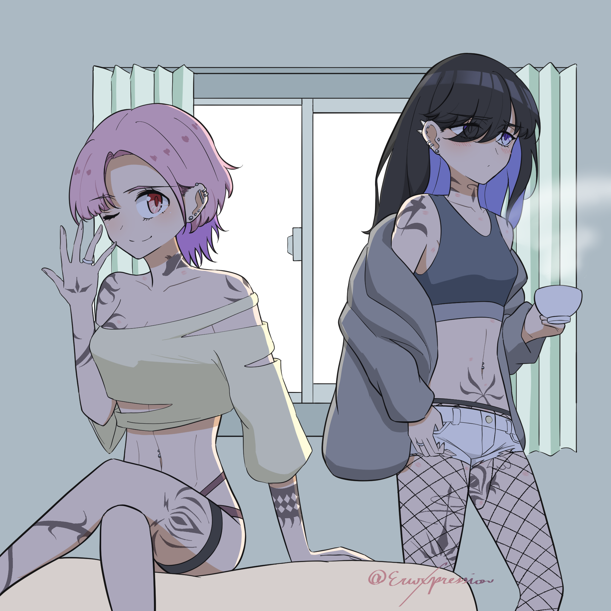 erwxpression, original, commentary request, highres, 2girls, arm tattoo, barbell piercing, black hair, blue hair, blush, cardigan, closed mouth, colored inner hair, cup, curtains, ear piercing, fishnet pantyhose, fishnets, grey cardigan, grey sports bra, hickey, holding, holding cup, indoors, industrial piercing, jewelry, leg tattoo, looking at another, morning, multicolored hair, multiple girls, navel piercing, neck tattoo, off-shoulder shirt, off shoulder, one eye closed, open mouth, pantyhose, piercing, pink hair, purple eyes, ring, shirt, shorts, sitting, smile, sports bra, standing, stomach tattoo, tattoo, teacup, thigh strap, tongue piercing, twitter username, white shorts, window, yellow shirt, yuri