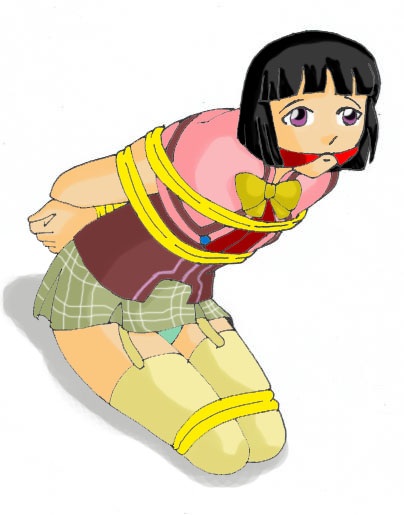 sendou yukari, rosario+vampire, arms behind back, bdsm, bondage, bow, brown hair, gag, kneeling, panties, purple eyes, rope, school uniform, short hair, skirt, thighhighs, underwear, witch