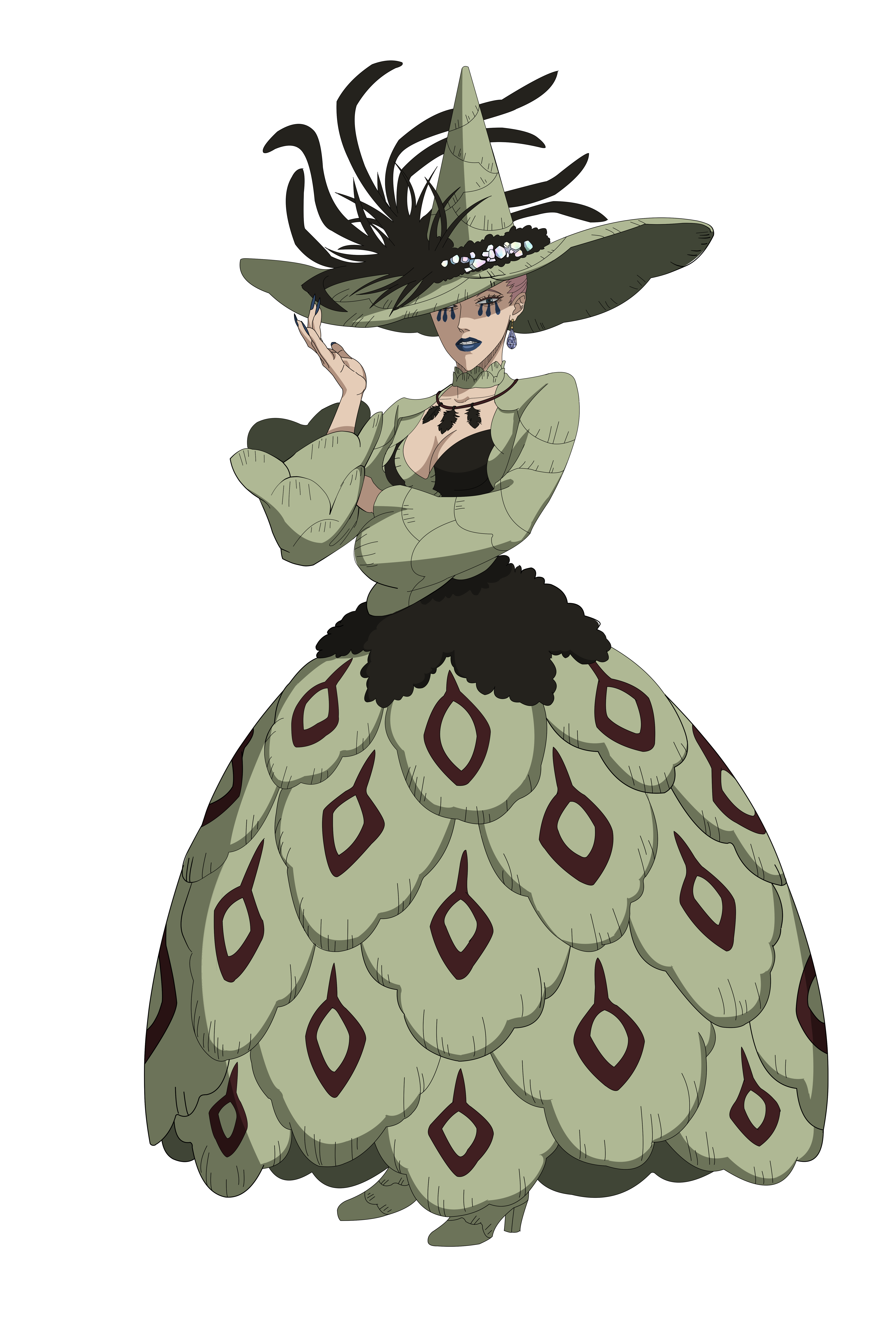 witch queen (black clover), black clover, black clover m: rise of the wizard king, absurdres, highres, non-web source, official art, 1girl, blue lips, blue nails, boots, breasts, cleavage, dress, earrings, full body, green boots, green dress, green hat, hat, jewelry, looking at viewer, medium breasts, necklace, simple background, solo, transparent background, witch hat
