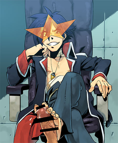jirou (ever), simon (ttgl), tengen toppa gurren lagann, 00s, 1boy, bandages, bar censor, barefoot, blue hair, censored, chair, core drill, crossed legs, drill, feet, footjob, grin, head rest, jacket, jewelry, looking at viewer, male focus, necklace, open clothes, pectorals, penis, pov, sitting, smile, solo, sunglasses, toes, yaoi