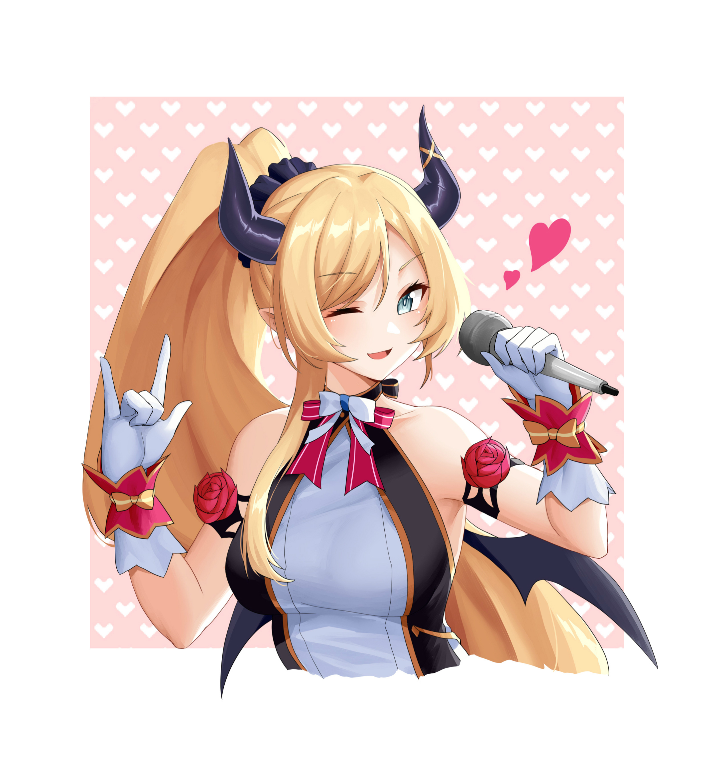 yuzuki choco, hololive, absurdres, commentary request, highres, 1girl, m/, bare shoulders, black horns, black wings, blonde hair, blue eyes, breasts, collarbone, demon girl, demon horns, demon wings, flower, gloves, hair ornament, hair scrunchie, heart, holding, holding microphone, hololive idol uniform (origin), horn ornament, horn ring, horns, idol clothes, long hair, looking at viewer, medium breasts, microphone, nonstop story, official alternate costume, official alternate hairstyle, one eye closed, open mouth, pointy ears, ponytail, rose, scrunchie, single sidelock, solo, swept bangs, upper body, virtual youtuber, white gloves, wings