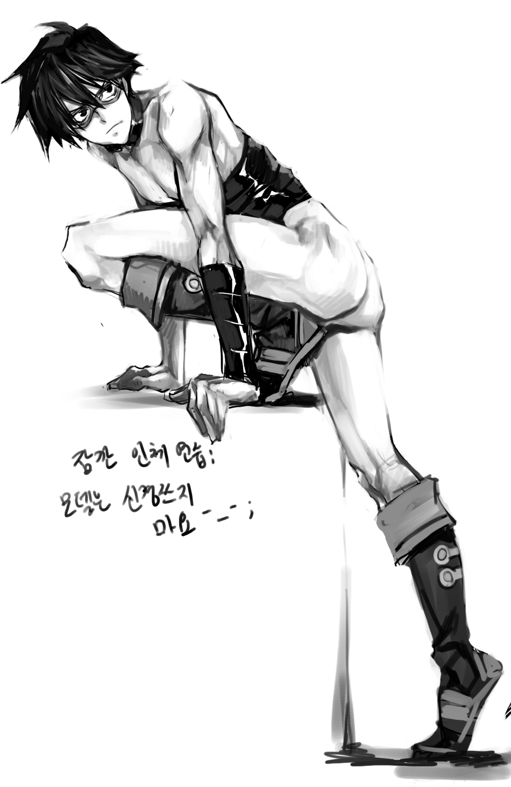 simon (ttgl), tengen toppa gurren lagann, highres, 00s, 1boy, ass, boots, corset, full body, goggles, greyscale, korean text, male focus, monochrome, solo, white background