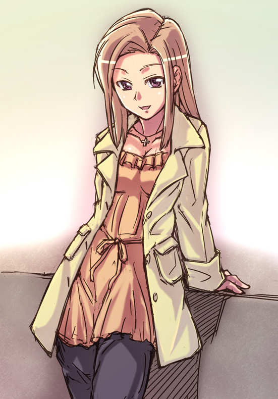 e20, yodogawa suzuran, original, 1girl, :d, against wall, breasts, brown hair, cleavage, coat, collarbone, female focus, long hair, long sleeves, looking at viewer, open mouth, pants, parted lips, short hair, smile, solo, standing