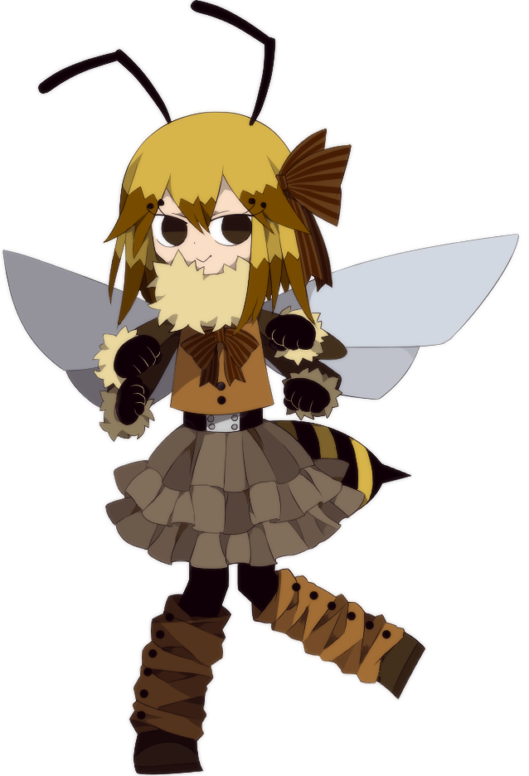 funamusea (artist), funamusea, poison bugs, official art, abdomen tail, antennae, arthropod girl, arthropod tail, bee girl, bee wings, blonde hair, bow, brown eyes, brown hair, extra arms, gloves, hair ornament, hair ribbon, insect girl, insect wings, leg warmers, long sleeves, looking at viewer, mitsuki (funamusea), multicolored hair, ribbon, shirt, shoes, smile, solo, stinger, white background, wings
