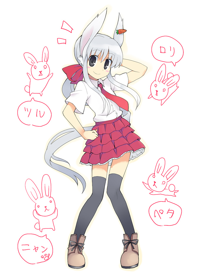 yamai (lsd), usa (yamai), original, 1girl, animal ears, black thighhighs, female focus, frilled skirt, frills, grey eyes, long hair, looking at viewer, miniskirt, necktie, ponytail, rabbit ears, simple background, skirt, solo, thighhighs, very long hair, white background, white hair, zettai ryouiki
