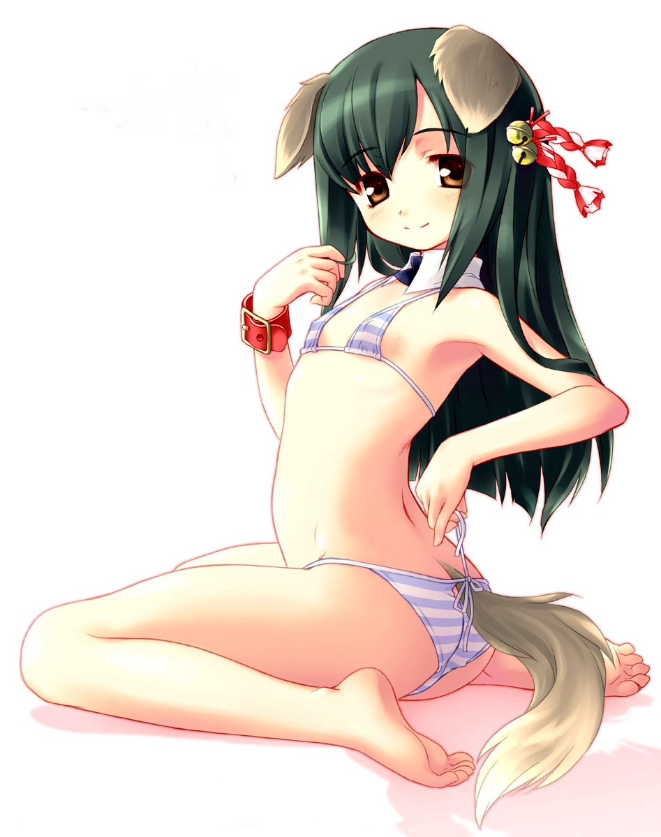 aoi kumiko, original, highres, 1girl, animal ears, barefoot, bell, bikini, brown eyes, dog ears, dog tail, feet, female focus, flat chest, green hair, long hair, smile, solo, swimsuit, tail