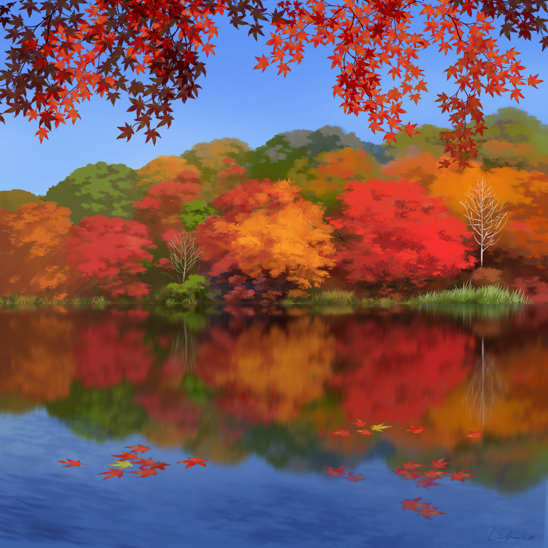 original, commentary, commentary request, english commentary, mixed-language commentary, autumn, autumn leaves, bare tree, blue sky, colorful, day, forest, lake, leaf, libero (libero2590), maple leaf, nature, no humans, outdoors, reflection, reflective liquid, scenery, sky, tree, water